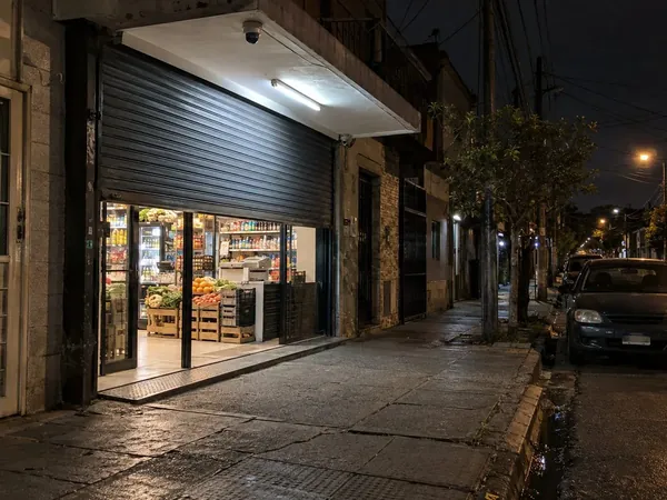 Local comercial de Zona Sur de noche con cámara de seguridad bajo el toldo