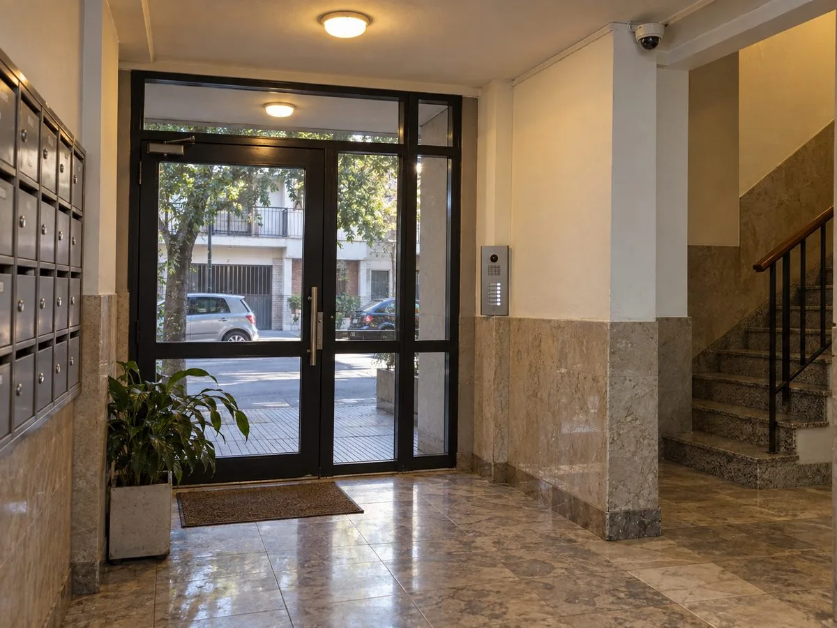 Palier de entrada de un edificio de Zona Sur con portero eléctrico y cámara