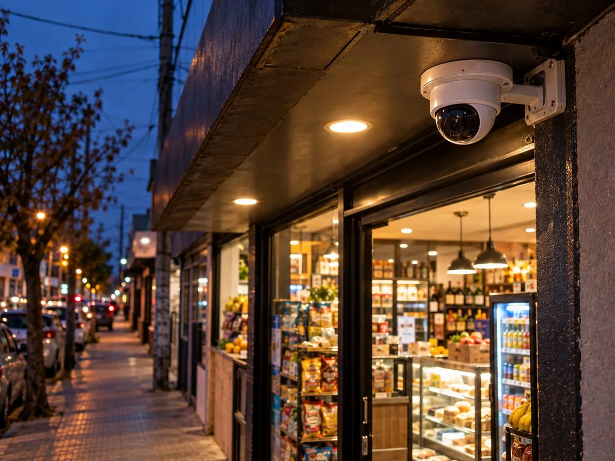 Cámara de seguridad instalada en la vereda, frente a la vidriera de un local comercial