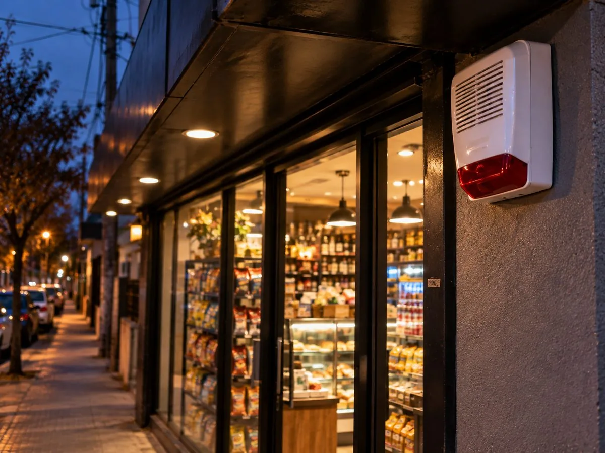 Sirena de alarma instalada en la fachada de un local comercial