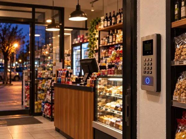 Panel de control de accesos junto a la puerta interior de un local comercial