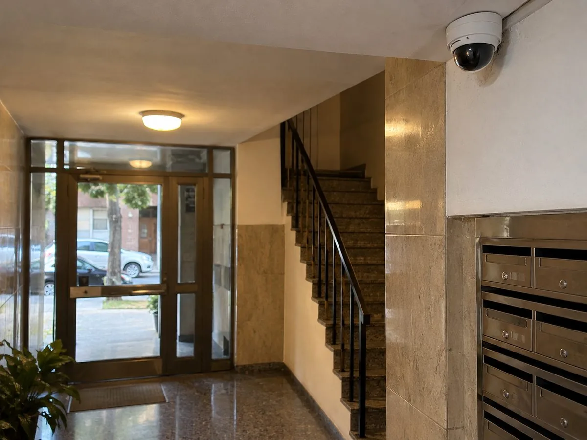 Cámara de seguridad instalada en el hall de entrada de un edificio