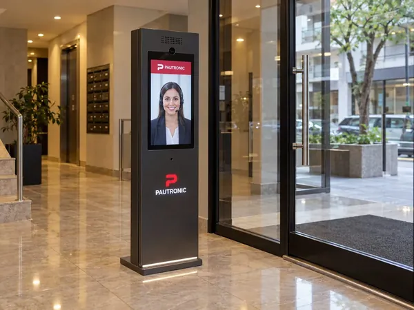 Tótem de seguridad con videoportero inteligente en el ingreso de un edificio