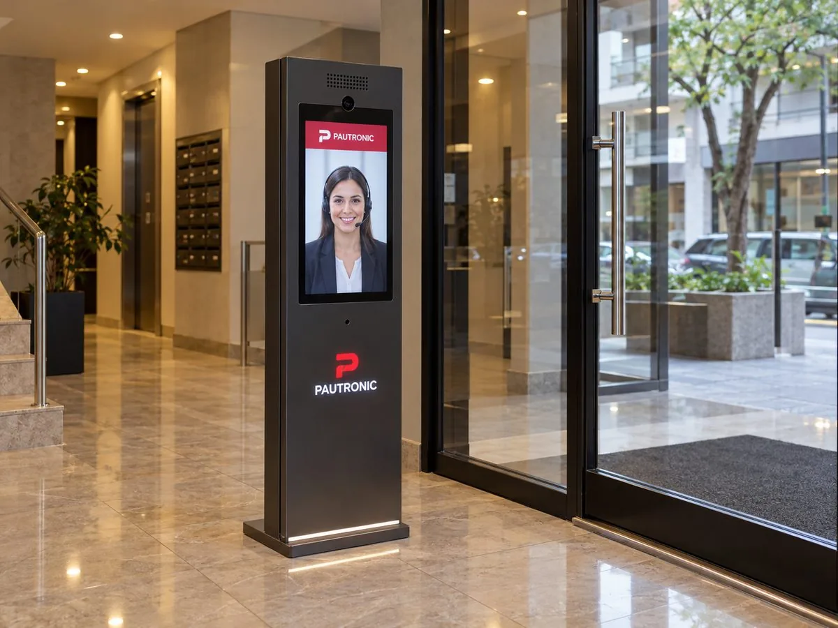 Tótem de seguridad con videoportero inteligente en el ingreso de un edificio