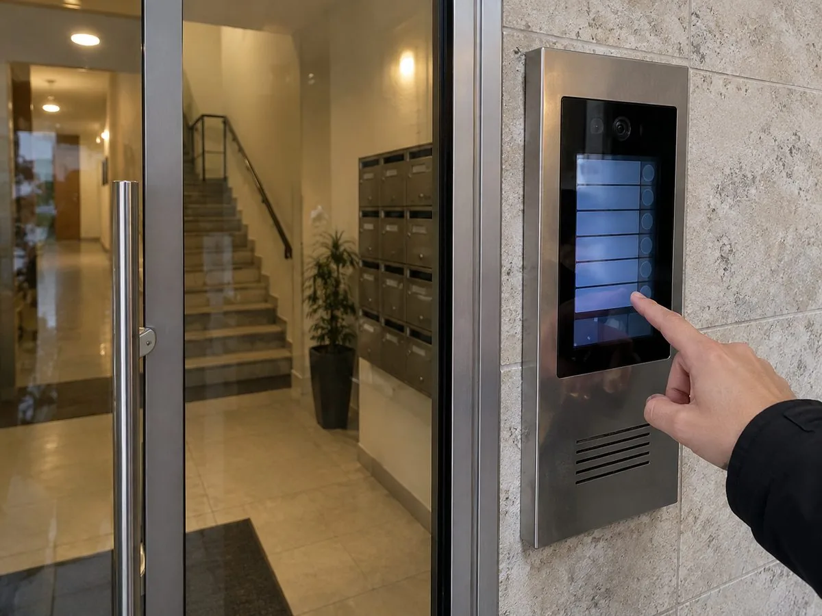 Panel táctil de portero eléctrico junto a la entrada de un edificio