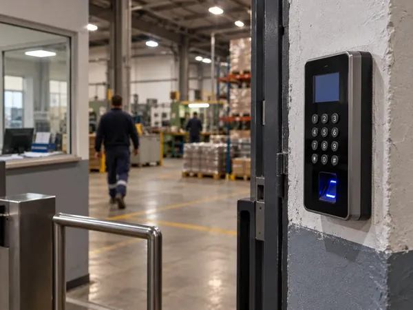 Control de acceso con teclado y lector de huella junto al molinete de ingreso de una planta industrial