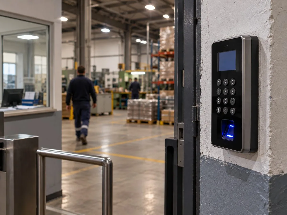 Control de acceso con teclado y lector de huella junto al molinete de ingreso de una planta industrial