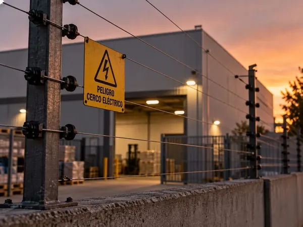 Cerco eléctrico perimetral en una planta industrial, con cartel de advertencia