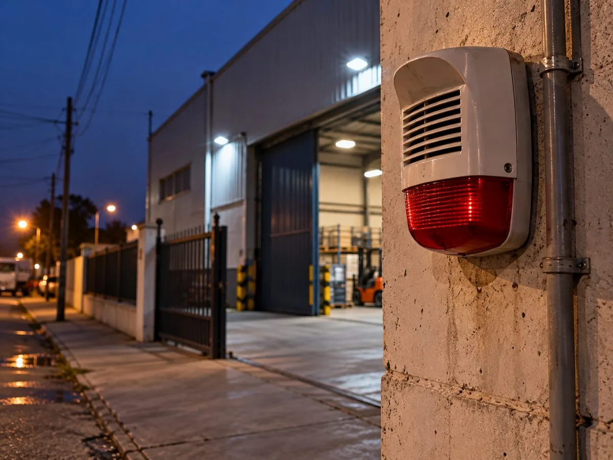 Sirena de alarma instalada en la pared exterior de una planta industrial