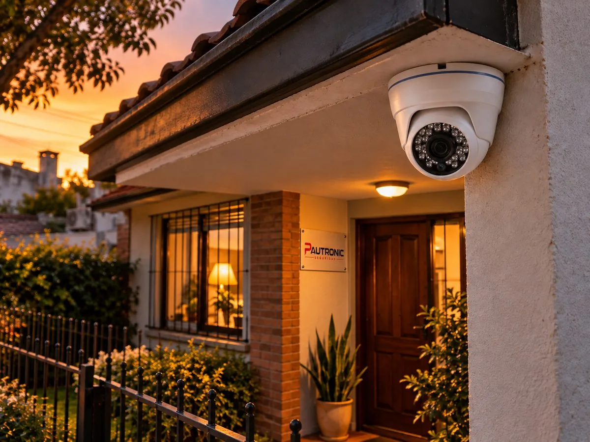 Cámara de seguridad domo instalada en el alero de una casa, con cartel de Pautronic junto a la puerta de entrada