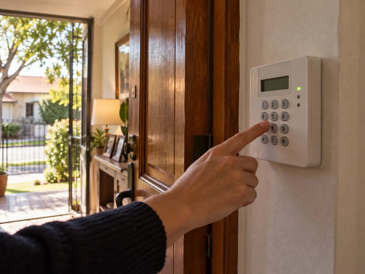 Teclado de alarma domiciliaria junto a la puerta de entrada de una casa