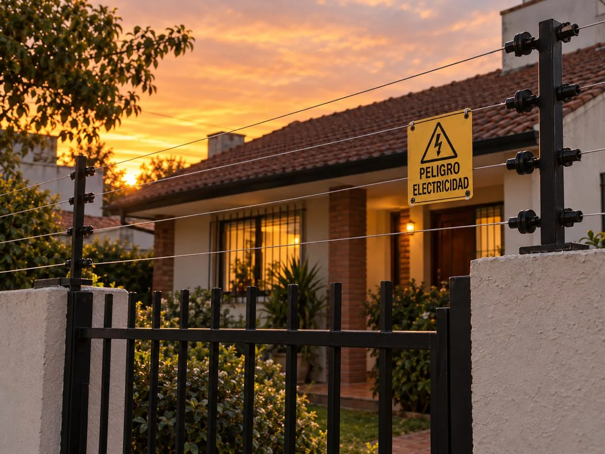 Cerco eléctrico sobre el muro perimetral de una casa, con cartel de advertencia