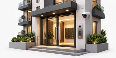 Entrada de un edificio con portero eléctrico y cámara