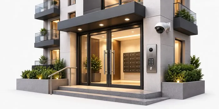 Entrada de un edificio con portero eléctrico y cámara